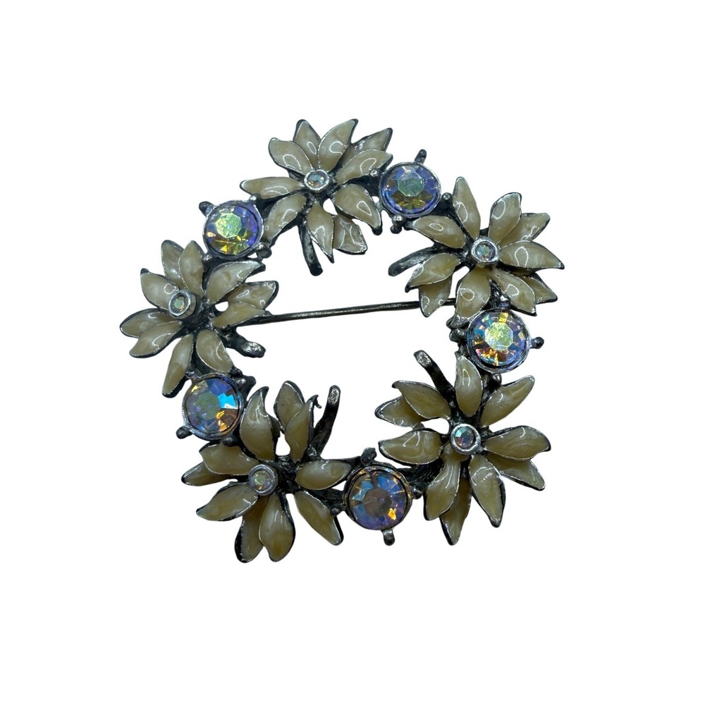 LIA Silver Tone Cream Enamel AB Rhinestone Flower Wreath Brooch Vintage Style